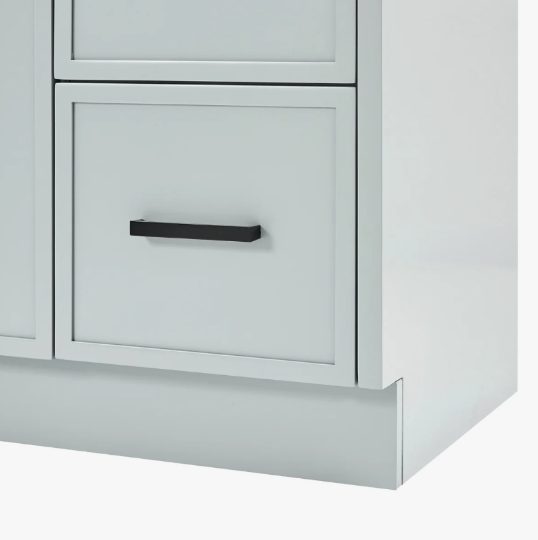 8 Modern Light Gray Bathroom Vanity with Black Pulls & Multi Compartment Soft-Close Storage