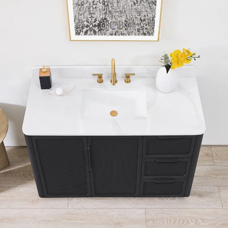 48" Black Rattan Complete Bathroom Vanity Set with Quartz Countertop