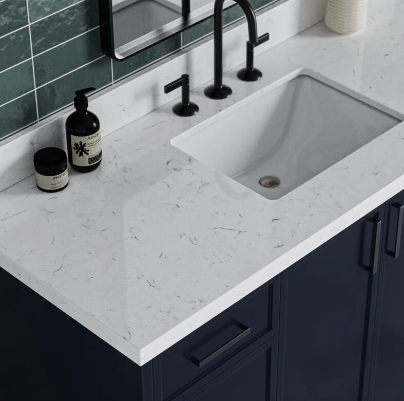 Modern Navy Bathroom Vanity Cabinet with Black Pulls & Spacious Soft-Close Storage