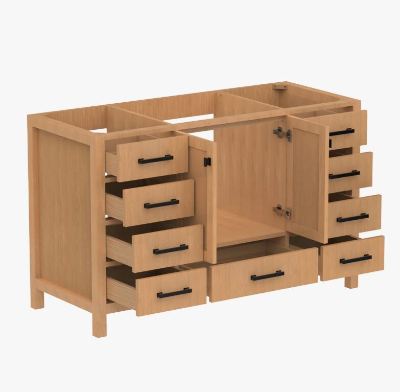 8 Warm Oak Bathroom Vanity Cabinet with Black Pulls & Large Symmetric Soft-Close Storage