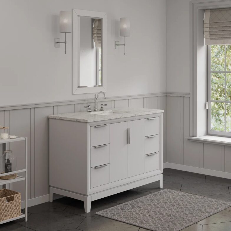 8 Minimalist White Bathroom Vanity with Silver Hardware, Spacious Soft-Close Storage & Marble Top