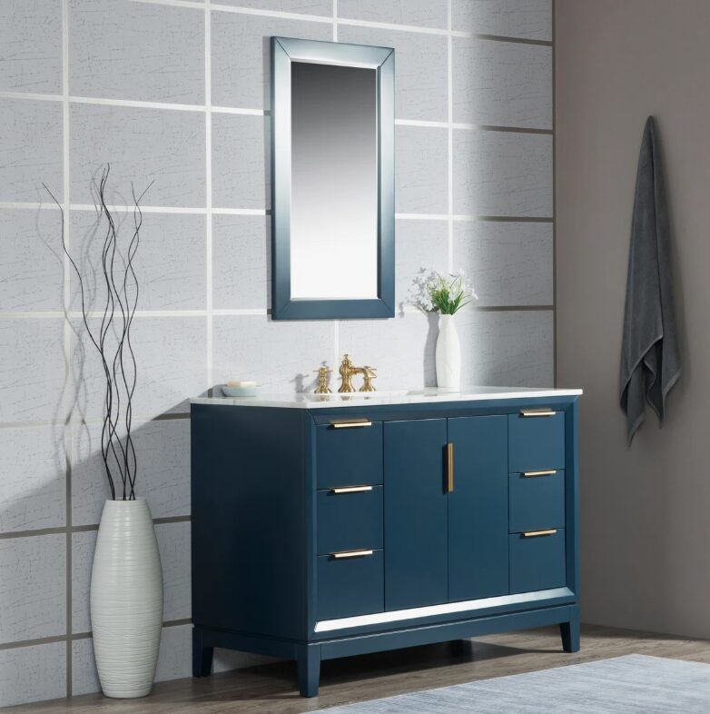 8 Elegant Navy Bathroom Vanity with Gold Hardware, Large Soft-Close Storage & Marble Top