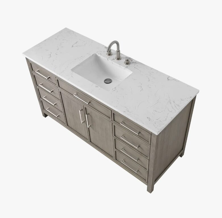 60 Inch Weathered Grey Single Sink Bathroom Vanity, White Marble Countertop & Brushed Nickel Hardware
