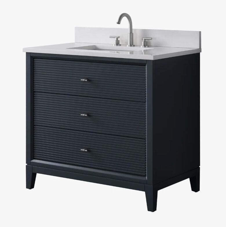 8 Large Storage Fluted Navy Bathroom Vanity with Full Soft-Close Solid Wood Drawers
