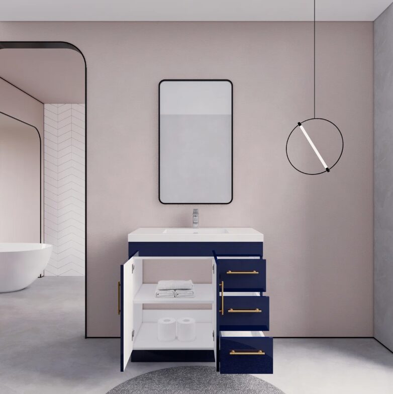 Luxury Gloss Navy Bathroom Vanity with Split Storage Zones & Soft-Close System