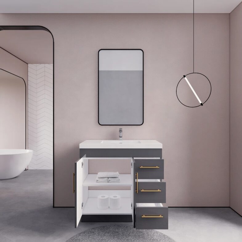 8 36" Modern Gloss Grey Bathroom Vanity Cabinet with Multi Storage & Gold Bar Hardware