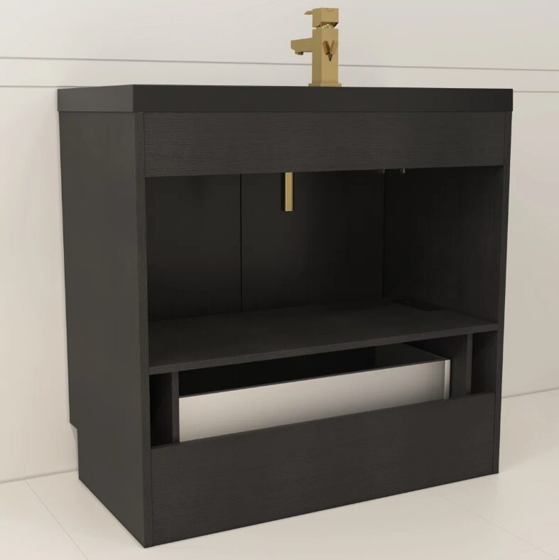 Contemporary Ribbed Black Bathroom Vanity with Full Soft-Close Mechanism & Adjustable Shelf