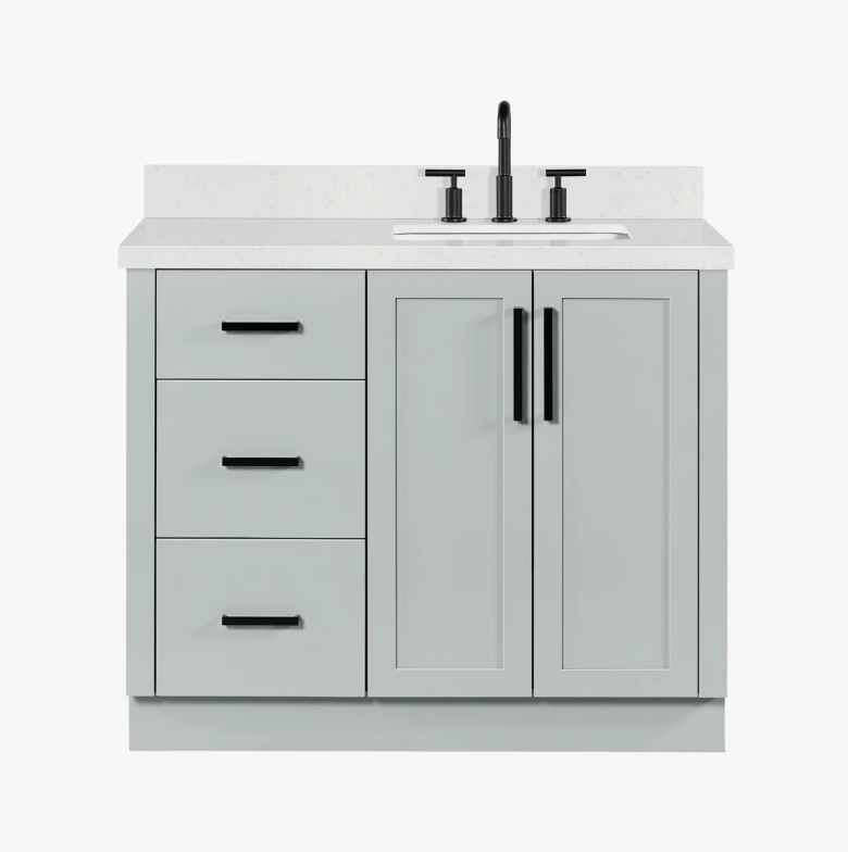 42" Modern Light Gray Bathroom Vanity Cabinet with Matte Black Bar Pulls & Classified Storage