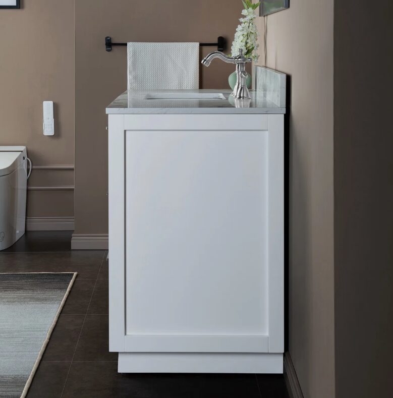 Contemporary Gloss White Bathroom Vanity with Full Soft-Close Slides & Natural Marble Countertop