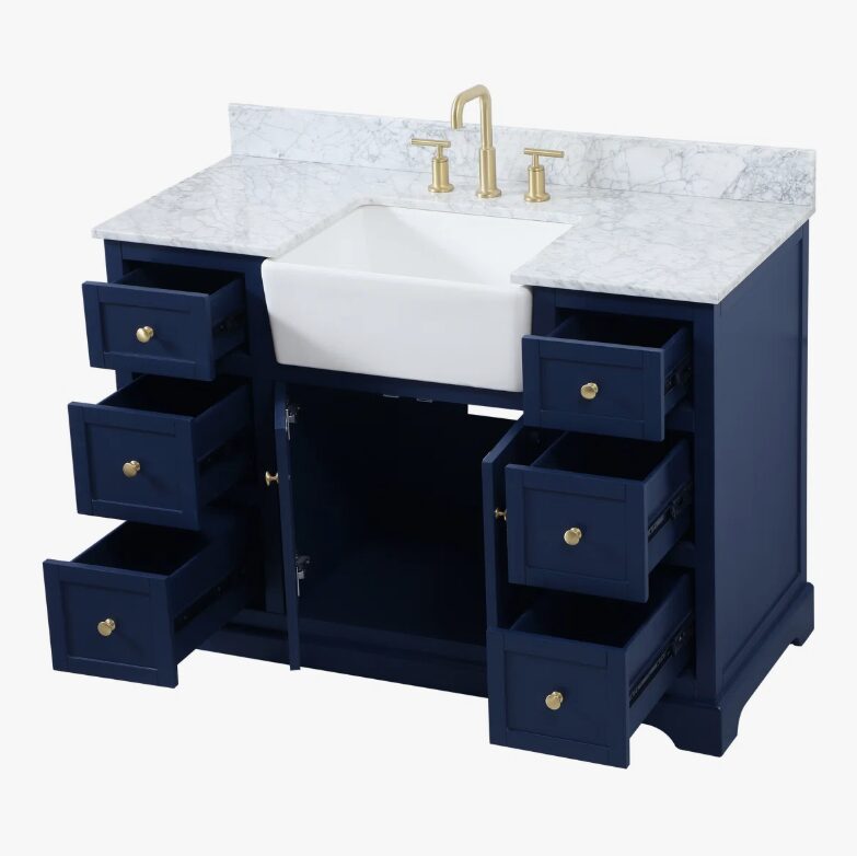 Transitional Navy Blue Freestanding Bathroom Vanity with Full Soft-Close Hardware & Natural Marble Countertop