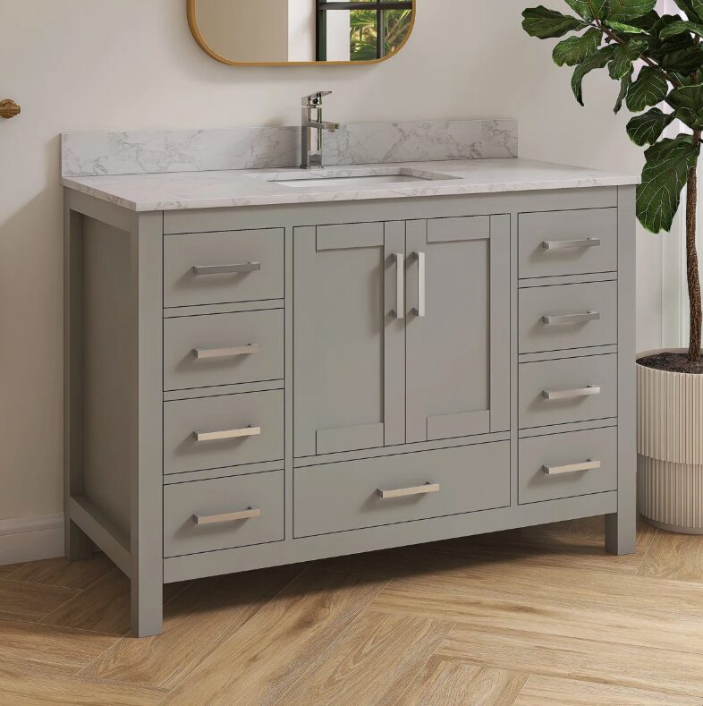 Contemporary Light Gray Single Sink Vanity with Full Soft-Close Hardware & Solid Pine Drawer Boxes