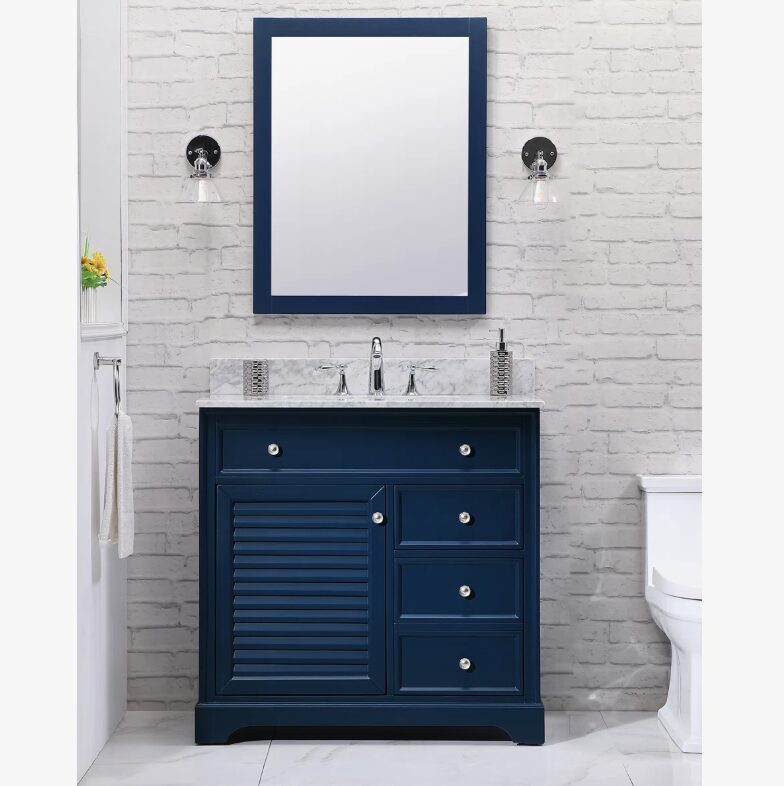 Coastal Navy Louver Bathroom Vanity Soft Close Drawers Multi-Zone Storage Layout