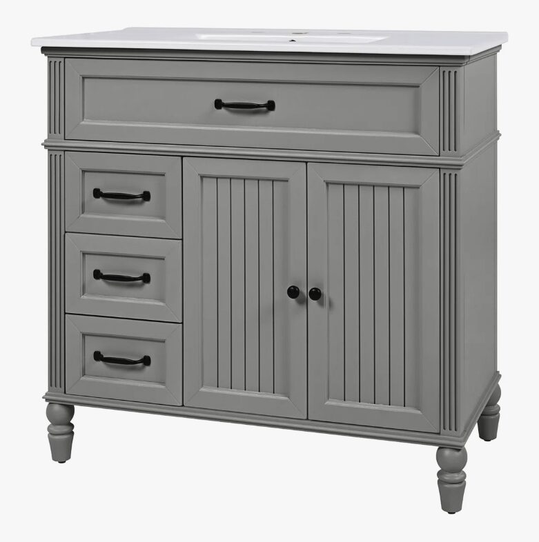 8 Cottage Style Grey Beadboard Bathroom Vanity Soft Close Drawers Split Organized Storage Layout