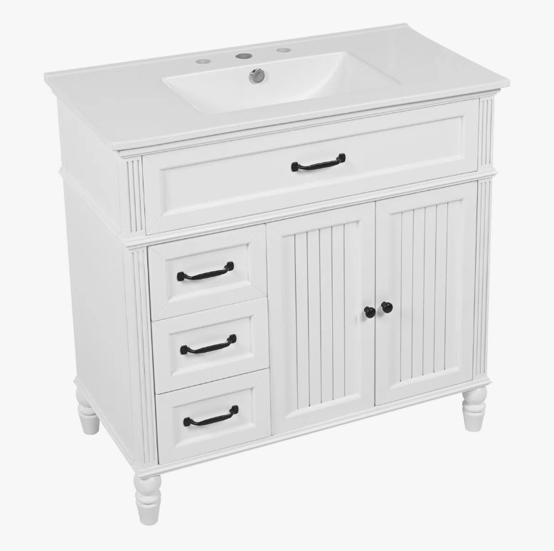 8 36" Freestanding White Farmhouse Bathroom Vanity with Multi-Drawer & Double Cabinet Doors