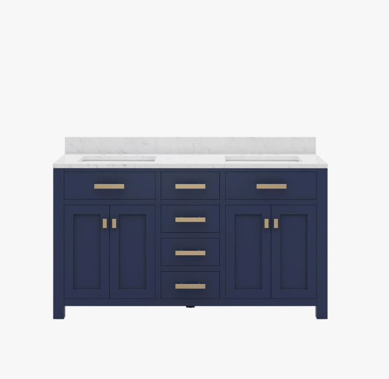 60 Inch Navy Blue Shaker Double Sink Bathroom Vanity, Carrara White Marble Top & Brushed Gold Hardware