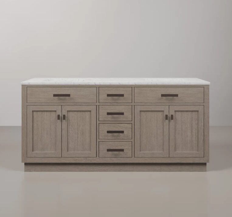 72 Inch Weathered Oak Shaker Double Sink Bathroom Vanity with Carrara White Marble Countertop & Matte Black Hardware