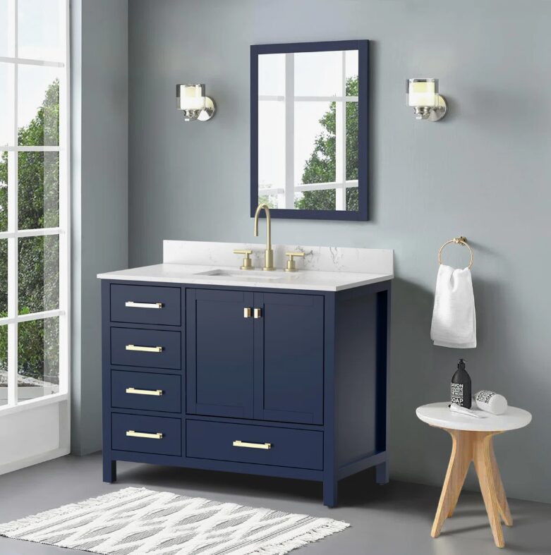 9 Upscale Navy Bathroom Vanity Cabinet with Gold Hardware & Ample Soft-Close Storage for Contemporary Bath Remodel
