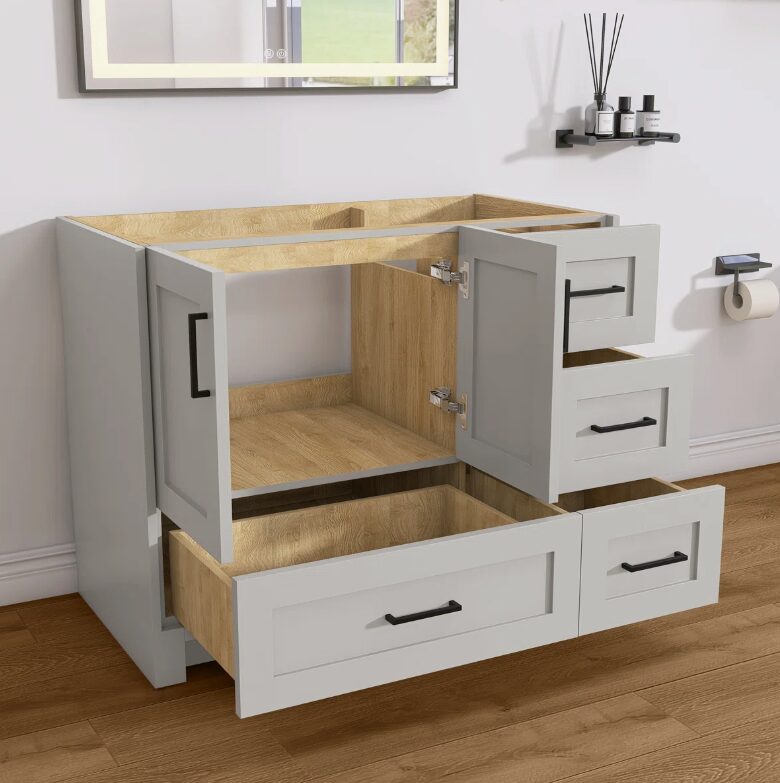 9 Neutral Light Grey Shaker Vanity Cabinet Base with Soft Close Storage for Modern & Farmhouse Bath Remodel