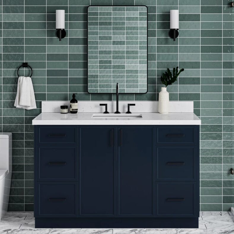 Modern Navy Bathroom Vanity Cabinet with Black Pulls & Spacious Soft-Close Storage