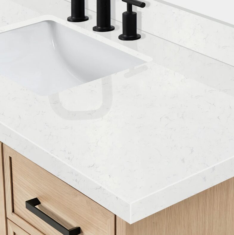 Natural Oak Bathroom Vanity Cabinet with Black Pulls & Large Soft-Close Storage