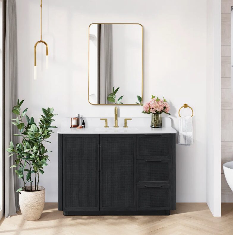 48" Black Rattan Complete Bathroom Vanity Set with Quartz Countertop