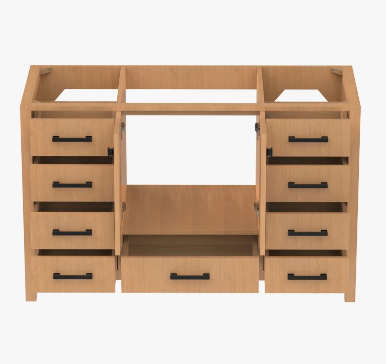 9 Warm Oak Bathroom Vanity Cabinet with Black Pulls & Large Symmetric Soft-Close Storage