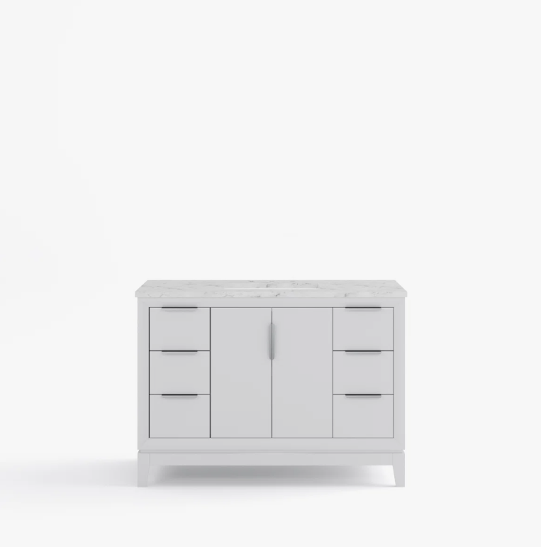 9 Minimalist White Bathroom Vanity with Silver Hardware, Spacious Soft-Close Storage & Marble Top