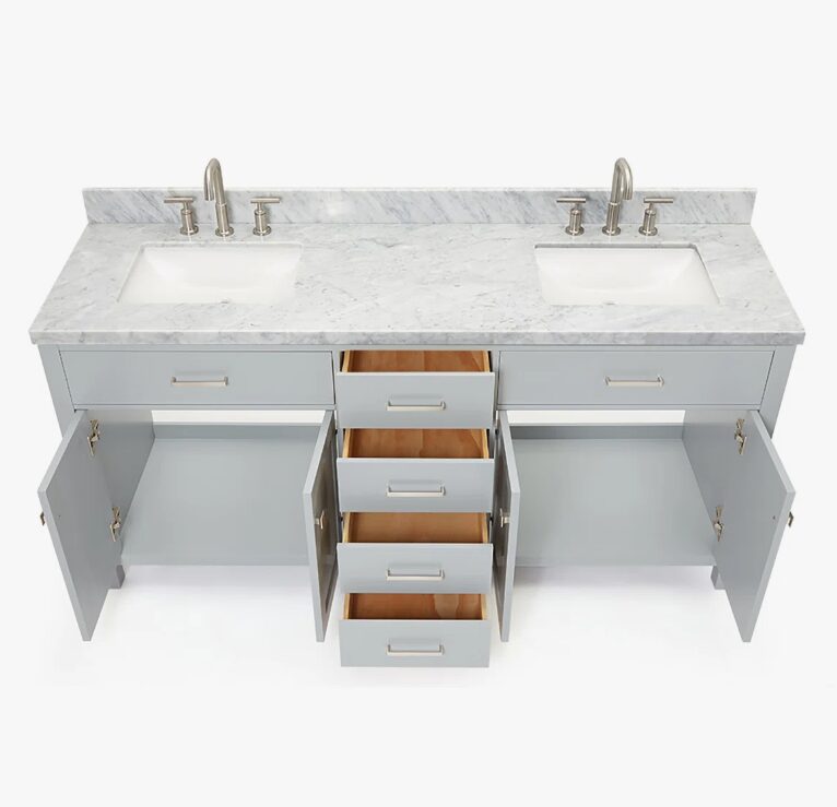 72 Inch Light Gray Shaker Double Sink Bathroom Vanity, Carrara White Marble Countertop & Brushed Nickel Hardware