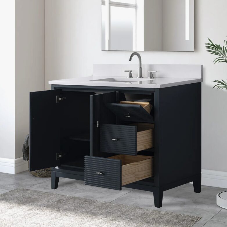 Contemporary Reeded Wood Bathroom Vanity with Split Storage & Full Anti-Slam Soft-Close Hardware