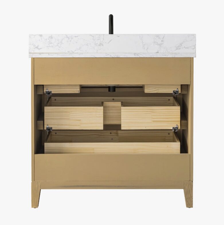 9 Large Storage Fluted Oak Bathroom Vanity with Full Soft-Close Solid Wood Drawers