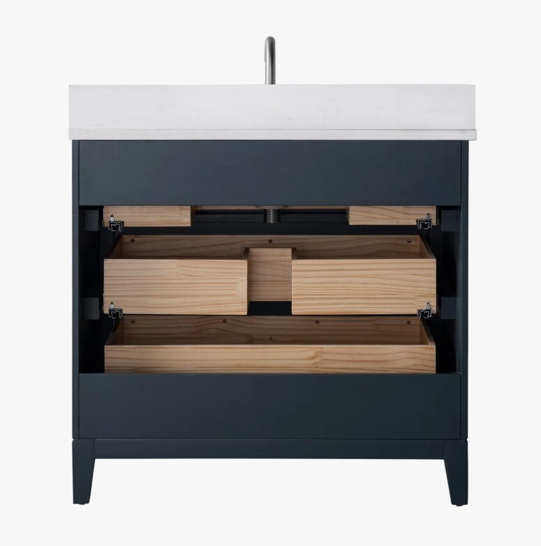 9 Large Storage Fluted Navy Bathroom Vanity with Full Soft-Close Solid Wood Drawers