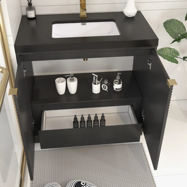 Contemporary Ribbed Black Bathroom Vanity with Full Soft-Close Mechanism & Adjustable Shelf