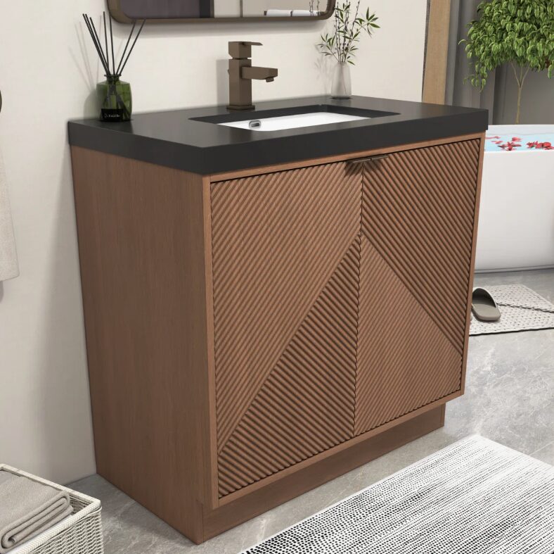 Modern Ribbed Walnut Bathroom Vanity with Full Soft-Close System & Adjustable Inner Shelf