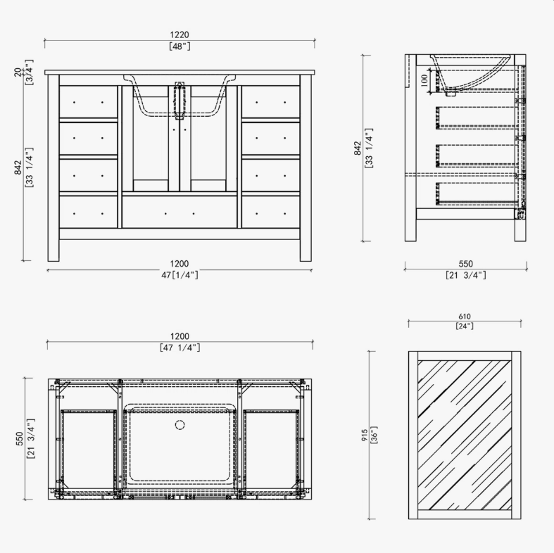 9 48" Modern White Bathroom Vanity Cabinet with Brushed Nickel Pulls & Symmetric Multi-Drawer Storage