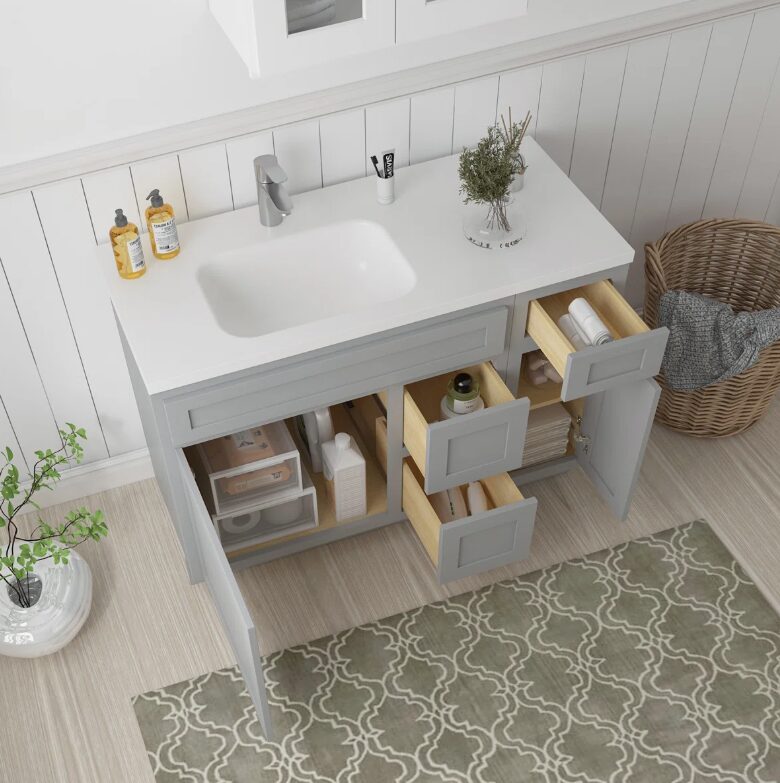 Neutral Light Grey Shaker Vanity Base Cabinet with Divided Storage for Bath Renovation