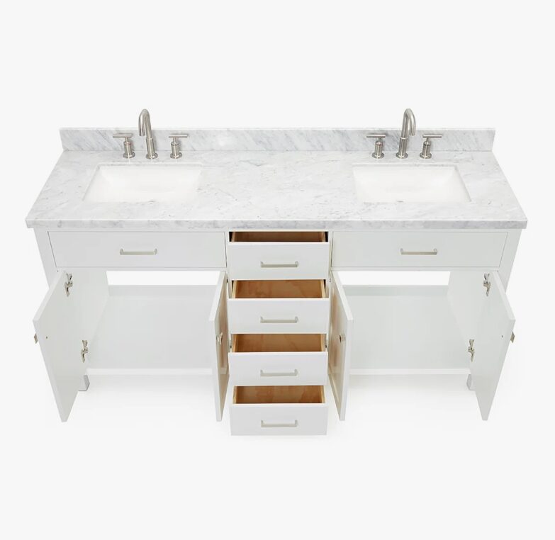 72 Inch Pure White Shaker Double Sink Bathroom Vanity with Carrara White Marble Top & Brushed Nickel Pulls