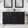 60 Inch Black Herringbone Wood Double Sink Bathroom Vanity, White Engineered Stone Top & Brushed Gold Bar Pulls