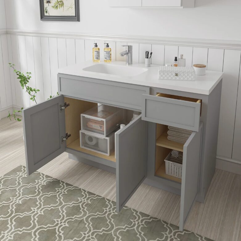 Neutral Light Gray Shaker Vanity Base Cabinet with Large Divided Storage for Bathroom Remodel