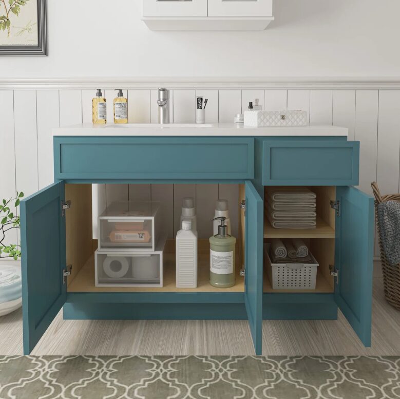 Vibrant Teal Shaker Vanity Base with Spacious Split Storage for Bathroom Renovation
