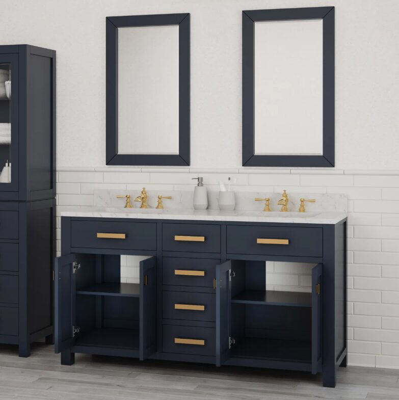 9 60 Inch Navy Blue Shaker Double Sink Bathroom Vanity, Carrara White Marble Top & Brushed Gold Hardware